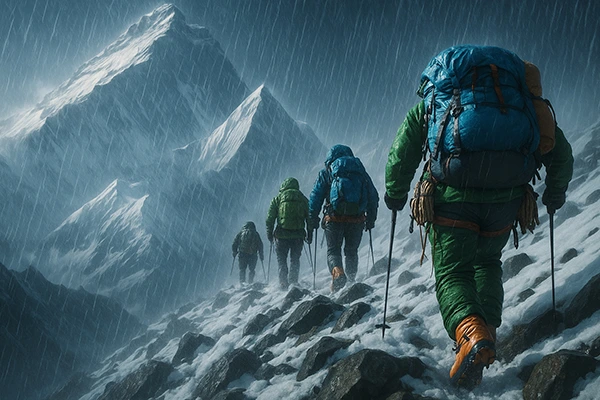 Pendaki pemula mendaki gunung saat musim hujan dengan perlengkapan lengkap dan jalur licin