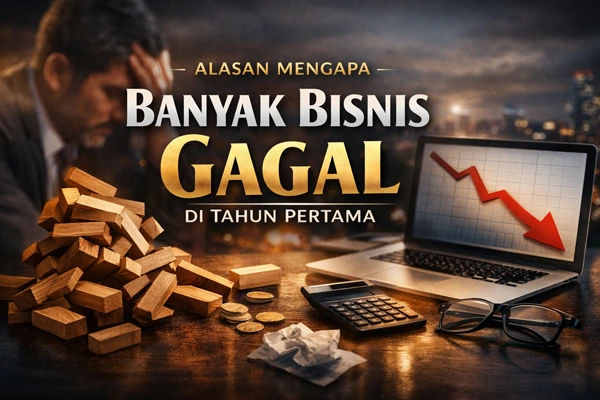 Ilustrasi bisnis gagal di tahun pertama dengan grafik menurun, simbol keuangan, dan suasana tekanan pengusaha